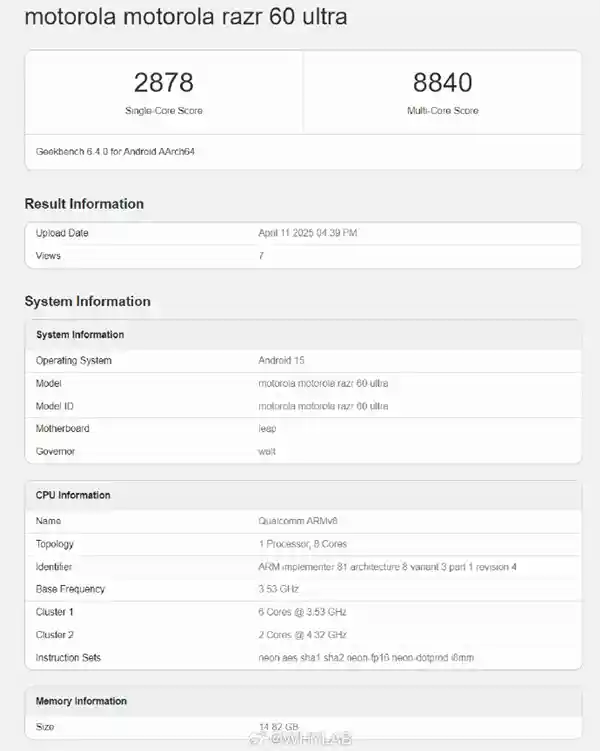 moto razr 60 Ultra跑分泄露：骁龙8至尊版小折叠多核性能破8000分