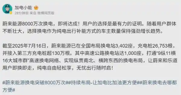 蔚来换电再破里程碑，8000万次背后是全国3402座换电站的革新之路