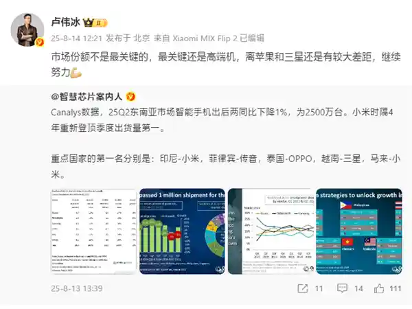 卢伟冰首谈小米东南亚登顶：份额第一只是开始，高端突围仍需跨越苹果三星