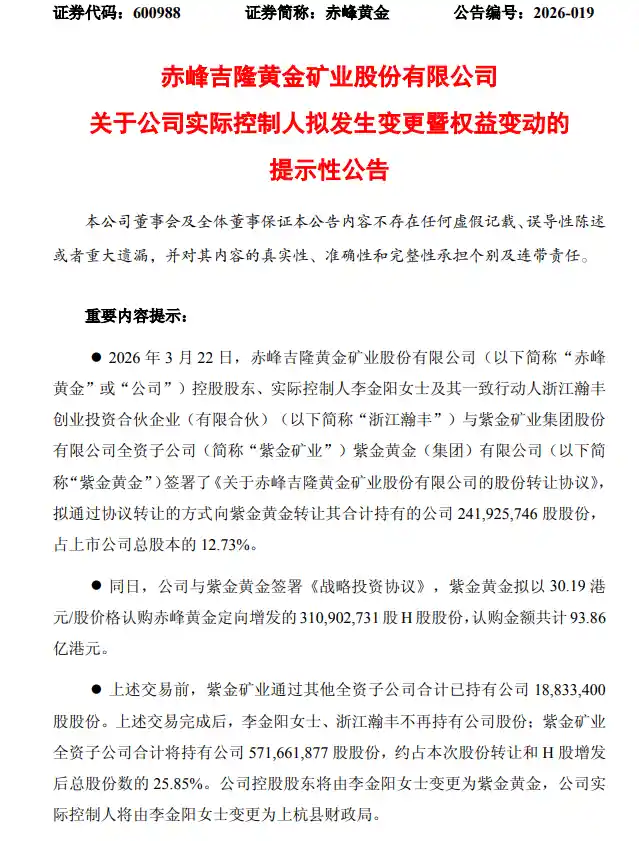 紫金集团重磅入主赤峰黄金，成最大股东引关注